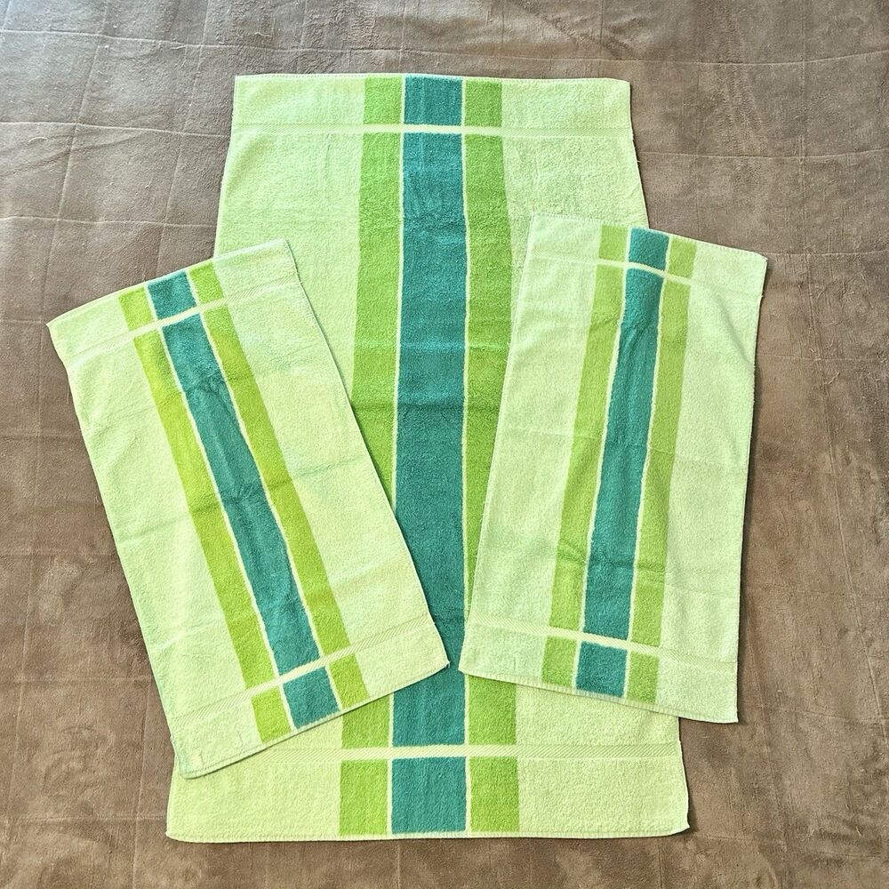 Vintage Fieldcrest Towel Set Green Stripe, 1 Bath, 2 Hand, 3 Pc Royal Velvet